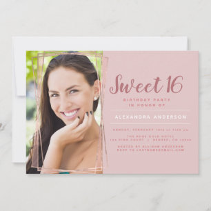 Rose Gold Geometric Photo Sweet 16 Birthday Invitation