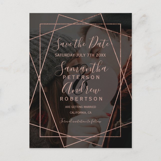 Rose gold geometric script photo save the date announcement postcard (Front)