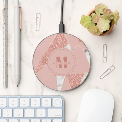 Rose Gold Geometric Sparkly Glitter Monogram Name  Wireless Charger