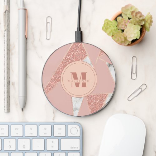 Rose Gold Geometric Sparkly Glitter Monogram Name  Wireless Charger