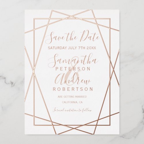 Rose gold geometric white script save the date foil invitation postcard