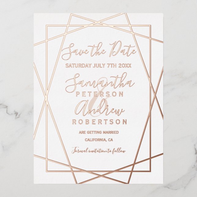 Rose gold geometric white script save the date foil invitation postcard (Front)
