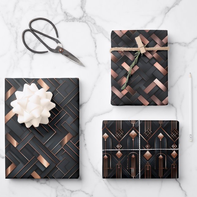 Rose Gold Geometrics on Matte Black Design Wrapping Paper Sheets (Front)