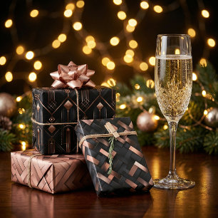 Rose Gold Geometrics on Matte Black Design Wrapping Paper Sheets