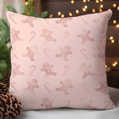 Rose Gold Gingerbread Man Holiday Pattern Throw Pillow