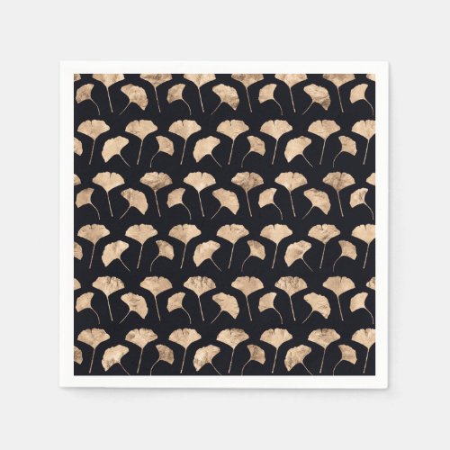 Rose gold ginko leaves black background napkins