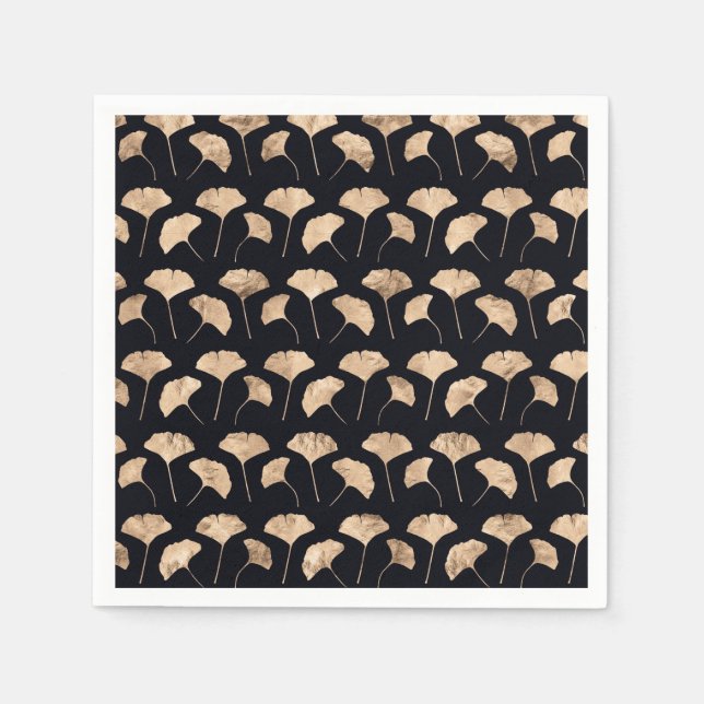 Rose gold ginko leaves black background napkins (Front)