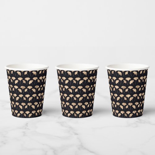 Rose gold ginko leaves black background paper cups