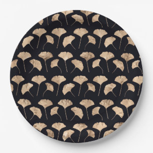 Rose gold ginko leaves black background paper plates