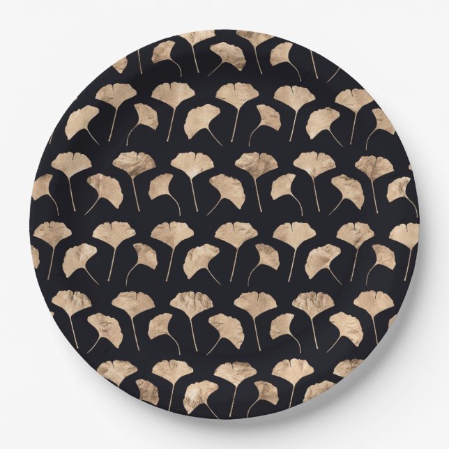 Rose gold ginko leaves black background paper plates (Front)