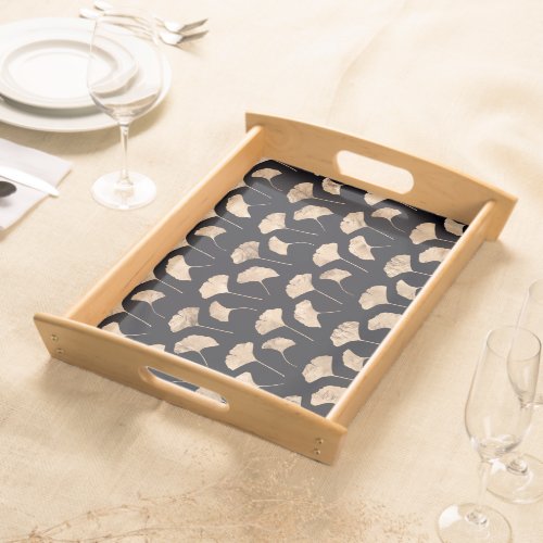 Rose gold ginko leaves black background serving tray