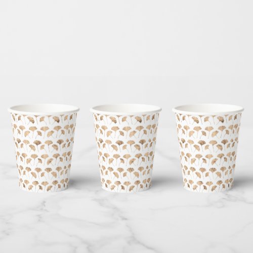 Rose gold ginko leaves white background paper cups