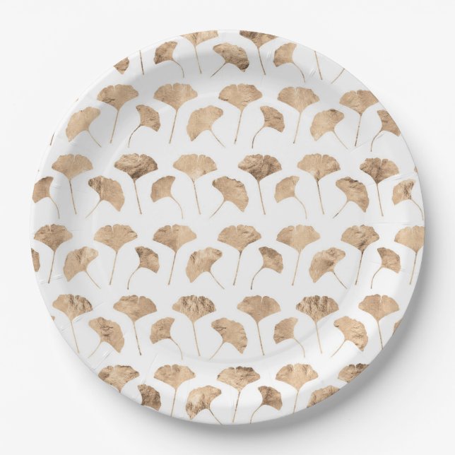 Rose gold ginko leaves white background paper plates (Front)