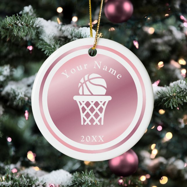 Rose Gold Girls Basketball Theme Name & Year Pink Ceramic Ornament (Creator Uploaded)