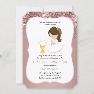Rose Gold Girls Floral First Holy Communion Invita Invitation