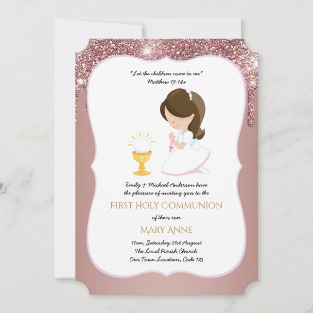 Rose Gold Girls Floral First Holy Communion Invita Invitation (Front)
