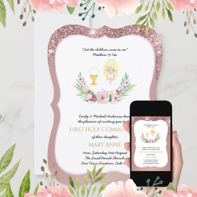 Rose Gold Girls Floral First Holy Communion Invita Invitation (Creator Uploaded)