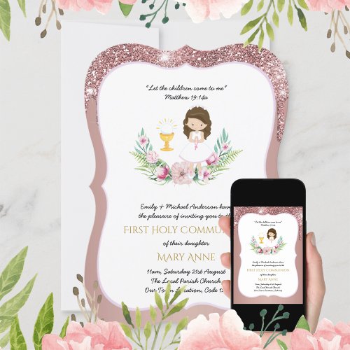 Rose Gold Girls Floral First Holy Communion Invitation