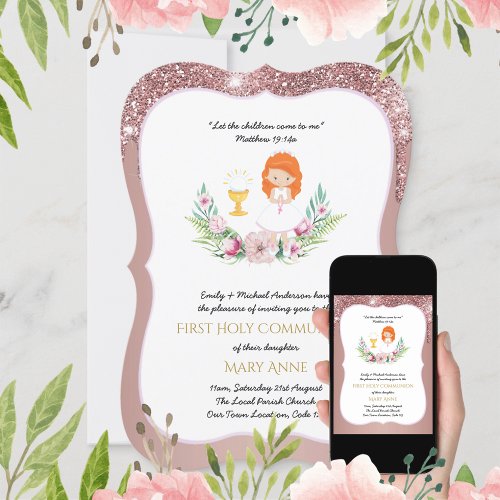 Rose Gold Girls Floral First Holy Communion Invitation