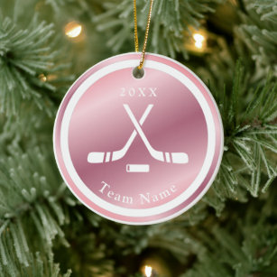 Rose Gold Girls Ice Hockey Theme Name & Year Pink  Ceramic Ornament