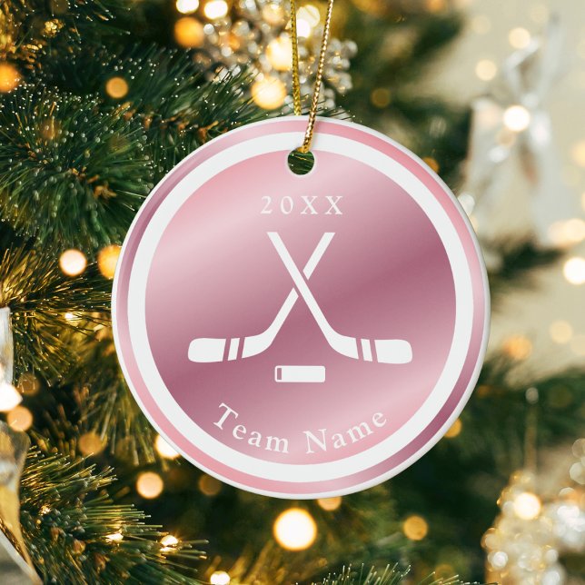 Rose Gold Girls Ice Hockey Theme Name & Year Pink  Ceramic Ornament (Creator Uploaded)