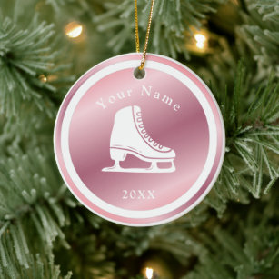 Rose Gold Girls Ice Skating Theme Name & Year Pink Ceramic Ornament