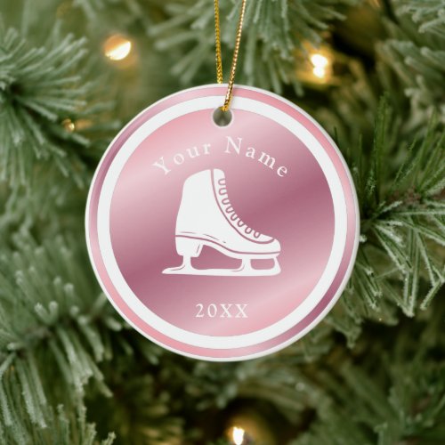 Rose Gold Girls Ice Skating Theme Name  Year Pink Ceramic Ornament