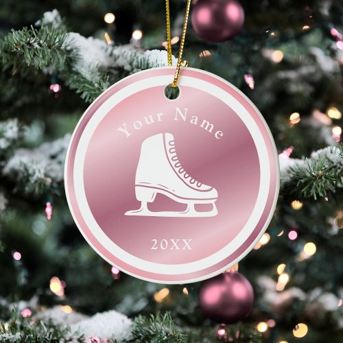 Rose Gold Girls Ice Skating Theme Name &amp; Year Pink Ceramic Ornament