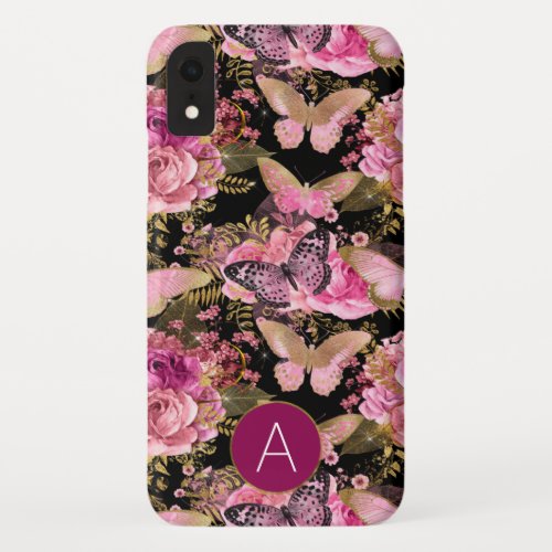 Rose Gold Girly Floral Butterfly Pattern iPhone XR Case