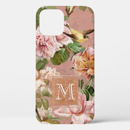 Rose Gold Girly Floral Dusty Pink Sparkle Monogram iPhone 12 Case