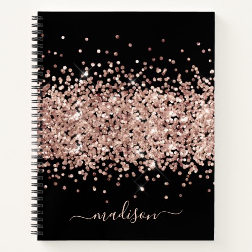 Rose Gold Girly Glitter Blush Pink Black Monogram Notebook