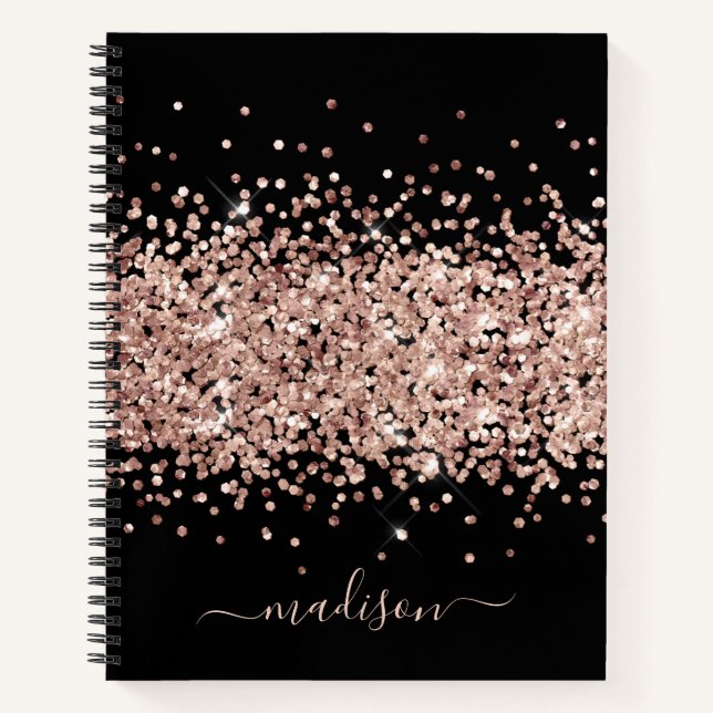 Rose Gold Girly Glitter Blush Pink Black Monogram Notebook (Front)
