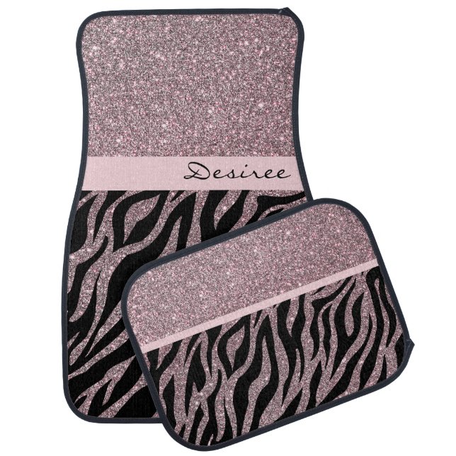 Rose Gold Girly Glitter Custom Name Zebra Print Car Floor Mat (Set)