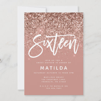 Rose gold girly glitter modern sweet 16 birthday announcement