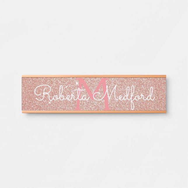 Rose Gold Girly Glitter Monogrammed Door Sign (Front)