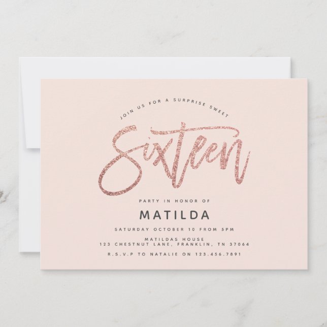 Rose gold girly glitter surprise sweet 16 birthday (Front)