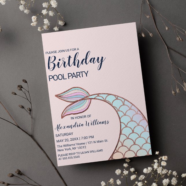 Rose Gold Girly Pink Mermaid Tail Pool Birthday  Invitation Postcard (Rose Gold Girly Pink Mermaid Tail Pool Birthday )