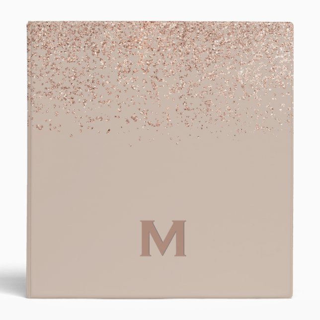 Rose Gold Gitter monogrammed 3 Ring Binder (Front)