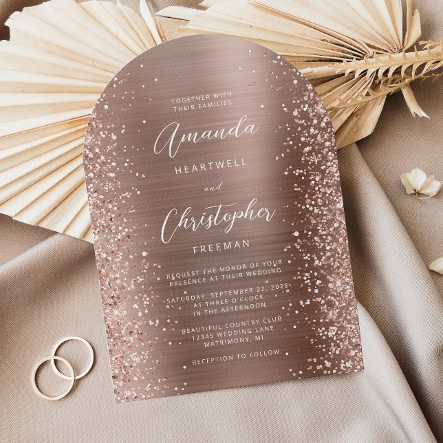 Rose Gold Glam Brushed Metal Glitter Arch Wedding Invitation (Creator Uploaded)