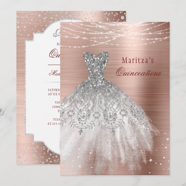 Rose Gold Glam Diamond Sparkle Quinceañera Invitation (Front/Back)