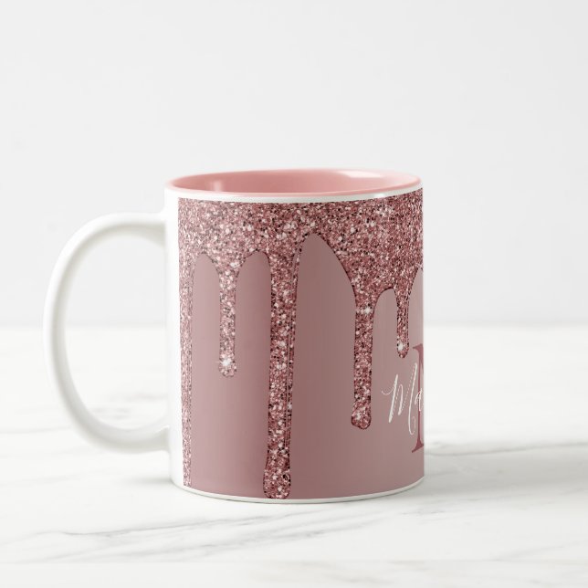 Rose Gold Glam Dripping Glitter Monogram Two-Tone Coffee Mug (Left)