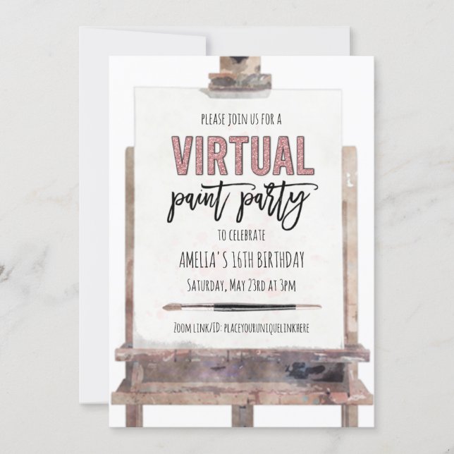 Rose Gold Glam Easel Virtual Paint Party Birthday Invitation (Front)