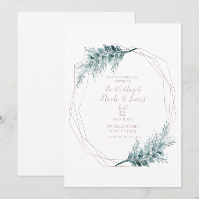 Rose Gold Glam Geometric Botanical Wedding Invitation (Front/Back)