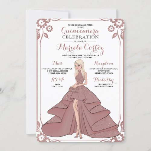 Rose Gold Glam Girl Quinceaera Invitation