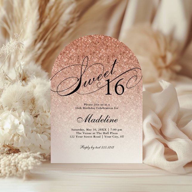 Rose Gold Glam Glitter Arched Sweet 16 Invitation (Creator Uploaded)