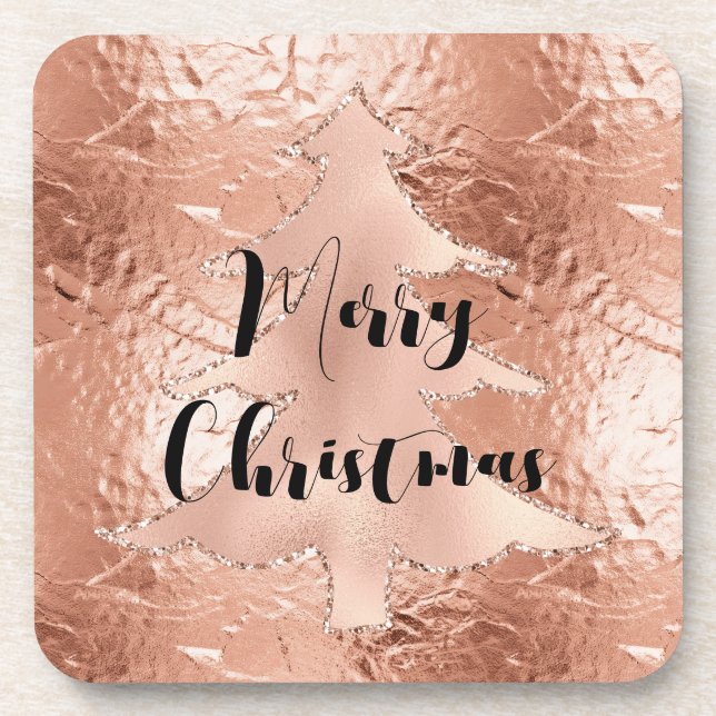 Rose Gold Glam Glitter Christmas Tree Beverage Coaster (Front)
