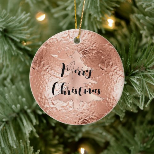 Rose Gold Glam Glitter Christmas Tree Ceramic Ornament