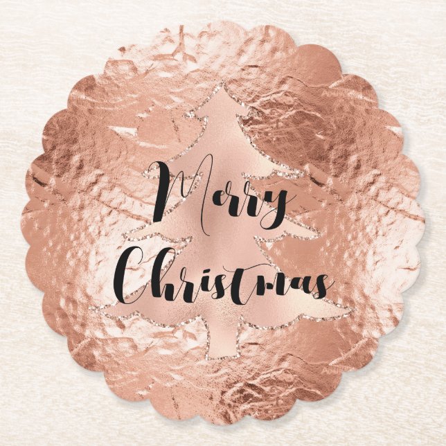 Rose Gold Glam Glitter Christmas Tree Paper Coaster (Front)