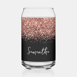 Rose Gold Glam Glitter on Black Can Glass