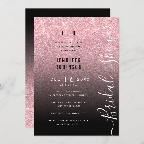 Rose Gold Glam Glitter Script Bridal Shower Black  Invitation